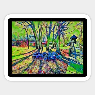 Vibrant covered bridge scene Sticker